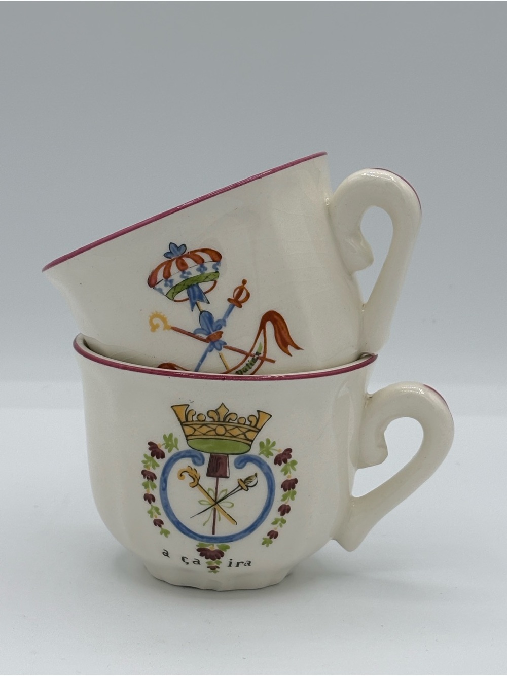 Vintage Italian Demitasse Cups Pair Hand Painted Heraldic Espresso Cups